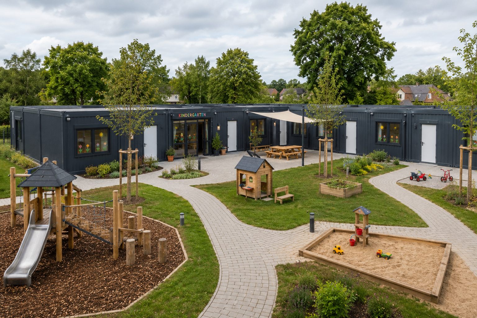 Kindergarten-Container mit kindgerechten Gruppenräumen und Außenspielbereich