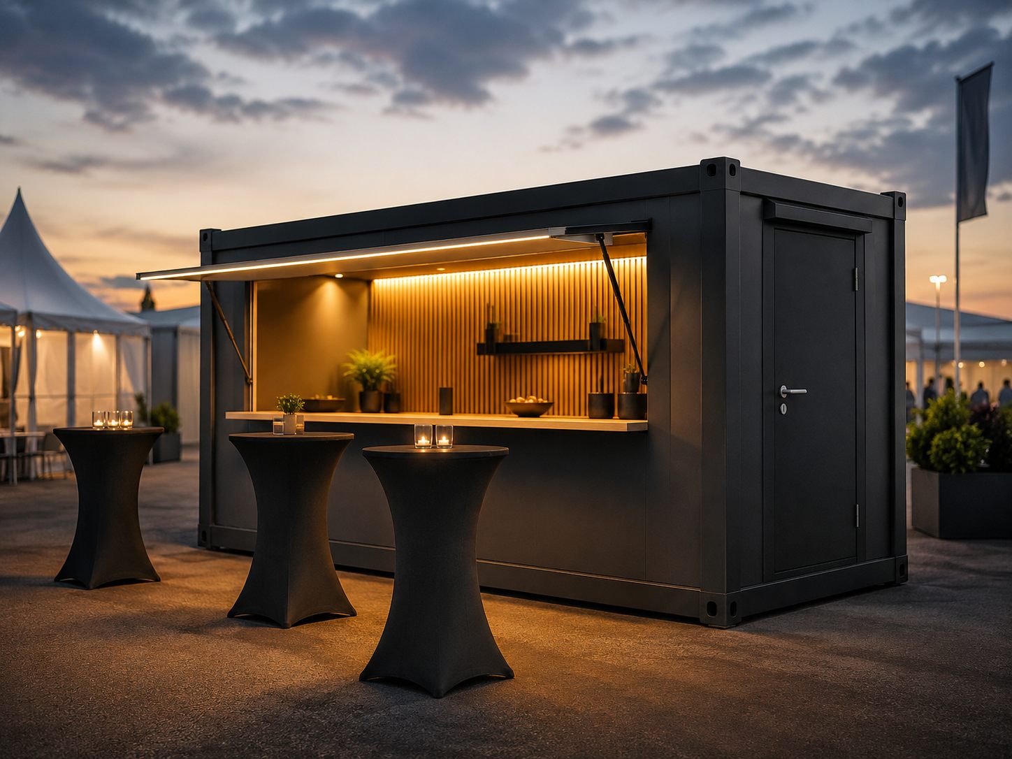 Messeverkaufscontainer mit geöffneter Verkaufsfront und Theke auf einem Event