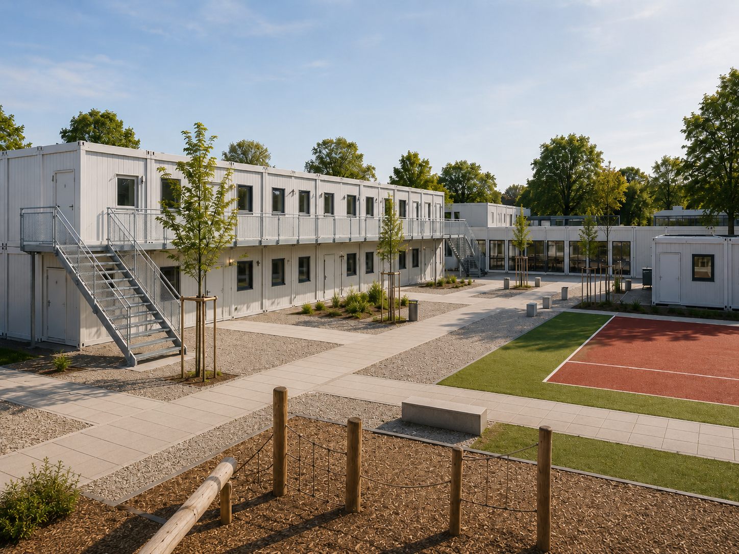 Schulcontainer als Klassenzimmer mit großen Fenstern und barrierefreiem Zugang